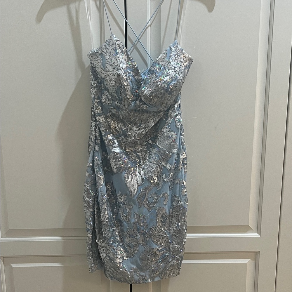 B Darlin Sequin Dress in Silver and Blue
